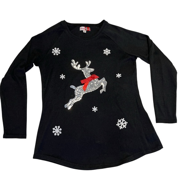 Christmas Sweater black with silver sequin reindeer snowflakes Small - Picture 1 of 13
